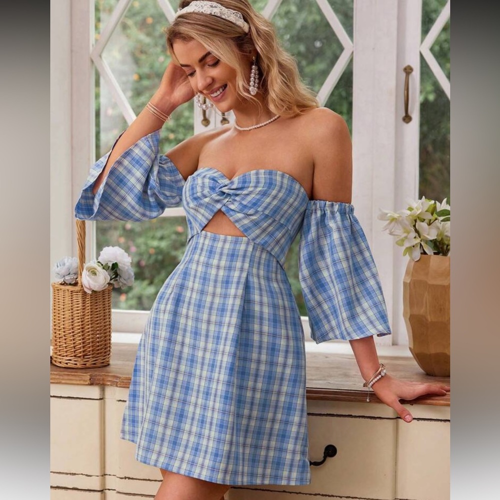 SHEIN Blue Plaid Strapless Dress